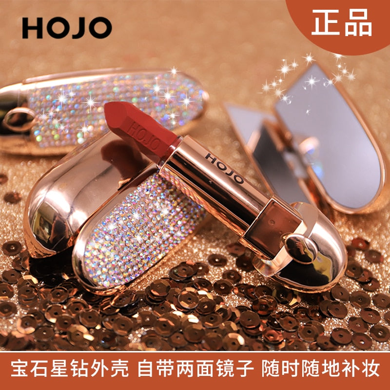 HOJO Matte Lipstick Shiny Diamond Gold Silver Nude Waterproof Long Lasting 8 colors Gorgeous Makeup Cosmetics With Mirror cosmeticarena