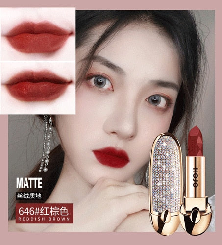 HOJO Matte Lipstick Shiny Diamond Gold Silver Nude Waterproof Long Lasting 8 colors Gorgeous Makeup Cosmetics With Mirror cosmeticarena