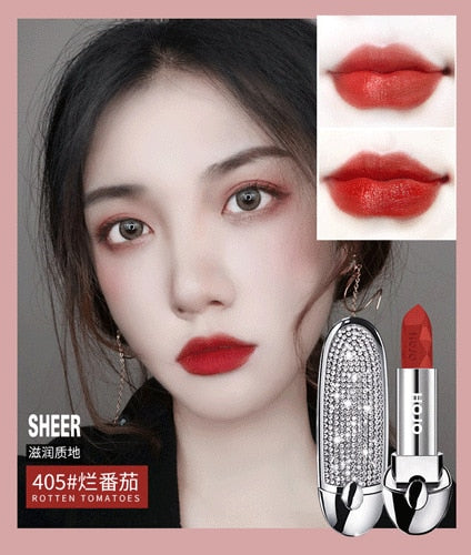 HOJO Matte Lipstick Shiny Diamond Gold Silver Nude Waterproof Long Lasting 8 colors Gorgeous Makeup Cosmetics With Mirror cosmeticarena
