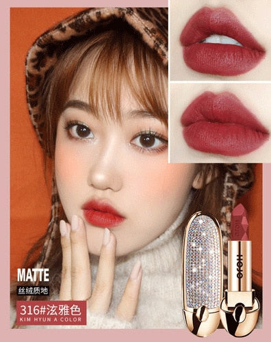 HOJO Matte Lipstick Shiny Diamond Gold Silver Nude Waterproof Long Lasting 8 colors Gorgeous Makeup Cosmetics With Mirror cosmeticarena