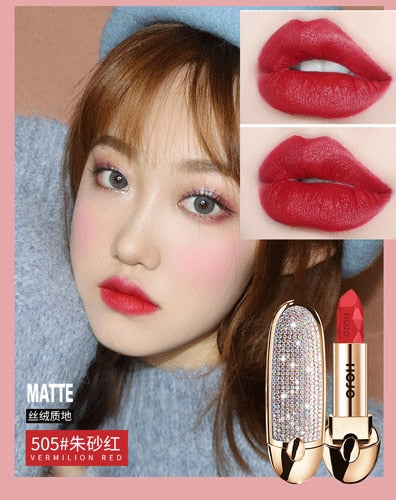 HOJO Matte Lipstick Shiny Diamond Gold Silver Nude Waterproof Long Lasting 8 colors Gorgeous Makeup Cosmetics With Mirror cosmeticarena