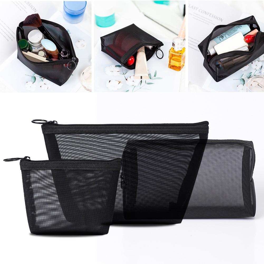 3 Pcs/set Mesh Storage Makeup Bags Black Package Organizer Travel Cosmetic Kit Pouch Zip Lock Women Necessaries Accessories Tool cosmeticarena