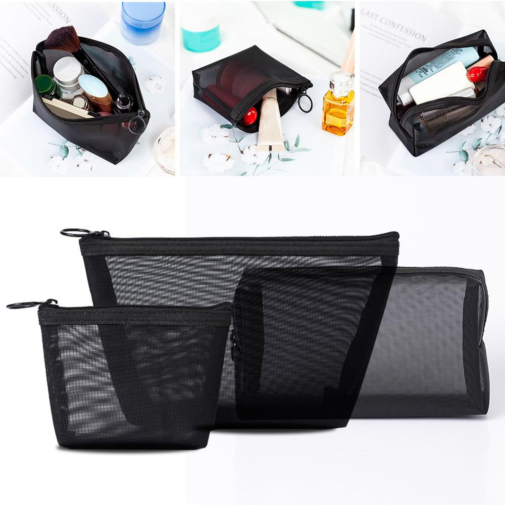 3 Pcs/set Mesh Storage Makeup Bags Black Package Organizer Travel Cosmetic Kit Pouch Zip Lock Women Necessaries Accessories Tool cosmeticarena