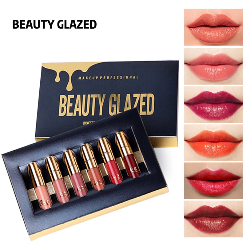 BEAUTY GLAZED 6 Colors Matte Lipstick Set Waterproof Long Lasting Lip Gloss Nude Velvet Pigment Batom Women Fashion Lip Makeup cosmeticarena