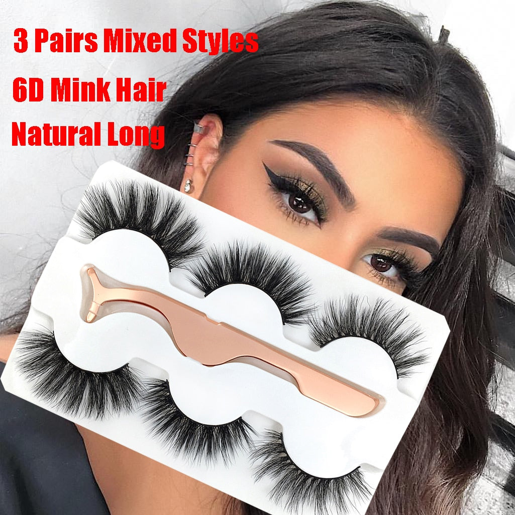 3 Pairs 6D Mink False Eyelashes With Tweezer Crisscross Natural Makeup Eyelash Fluffy Mink Fake Lashes for Women's Fashion cosmeticarena